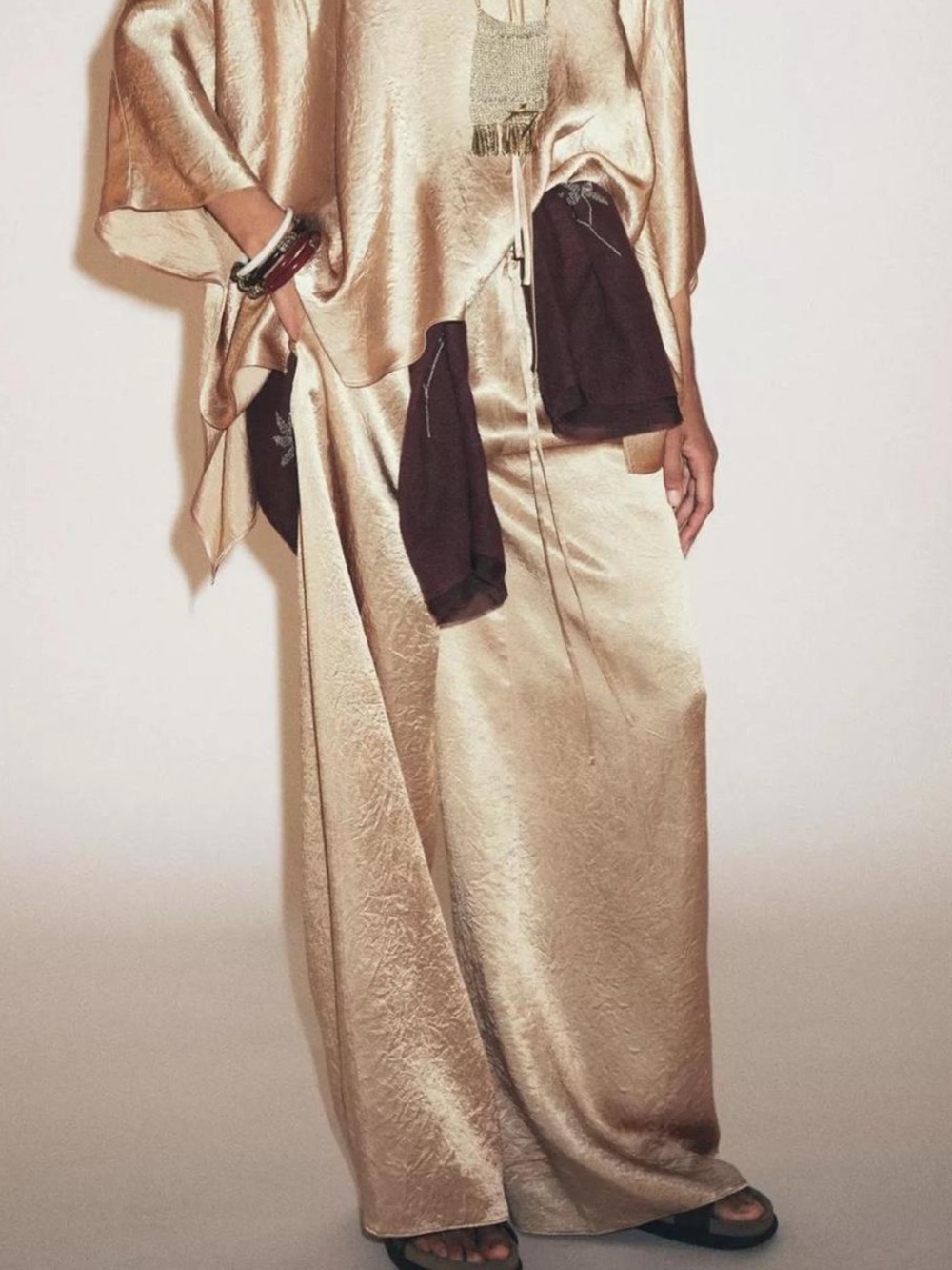 Zara Satin Maxi Skirt in Golden Brown